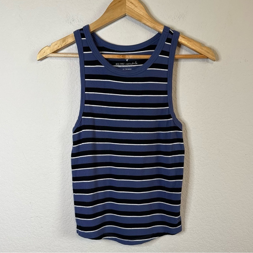 American Eagle Blue Black Stripe  Crewneck Sleeveless Tank Shirt Size XS